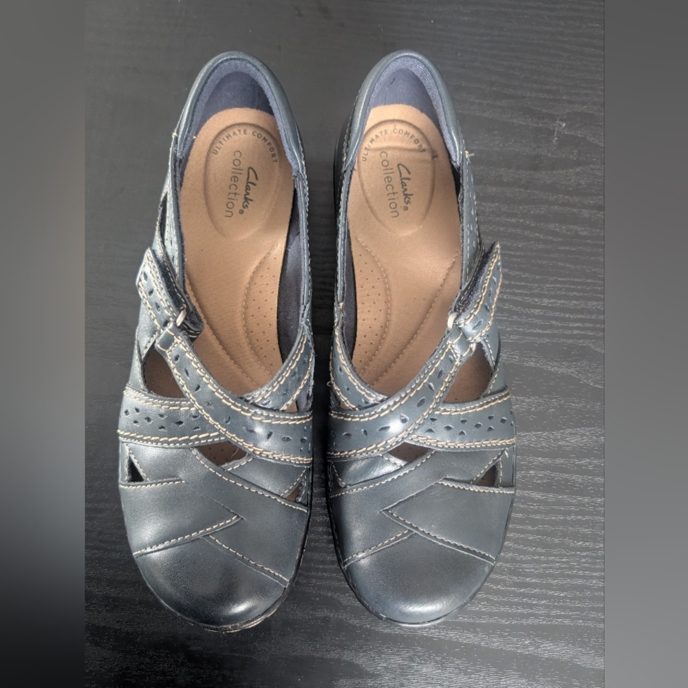 Clarks Ashland Spin Navy Blue Leather Mary Jane Comfort Flats Shoes Women's 7W